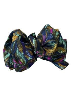 Vintage 80’s Hair Clip Oversized Silky Multicolor Pattern Ribbon Bow Barrette 7”